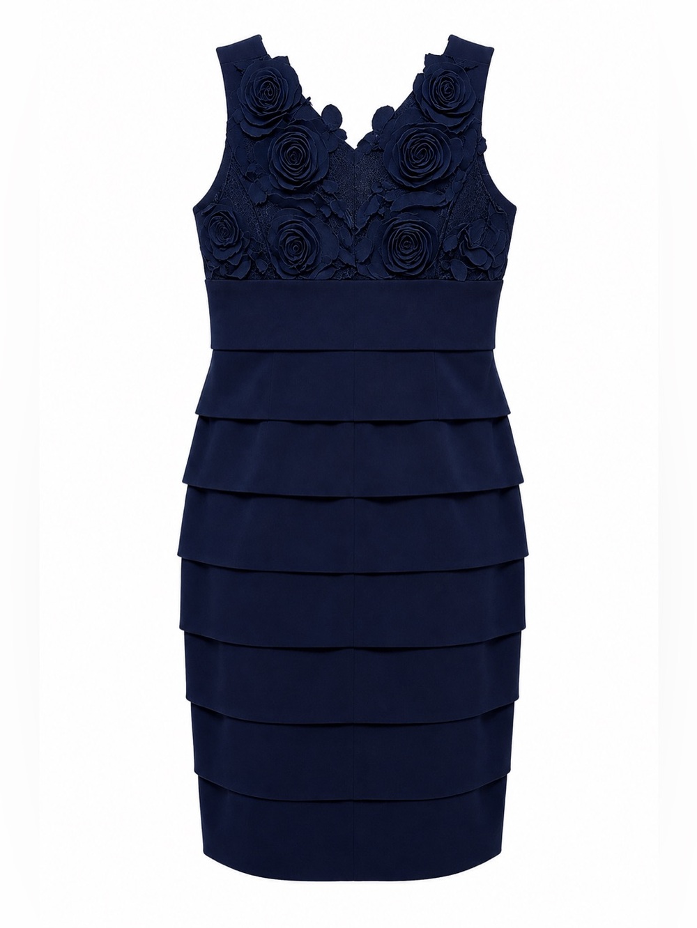 Enfocus Studio Navy Blue Rosette V-neck Tiered Sheath Dress Size 6 Style 6704